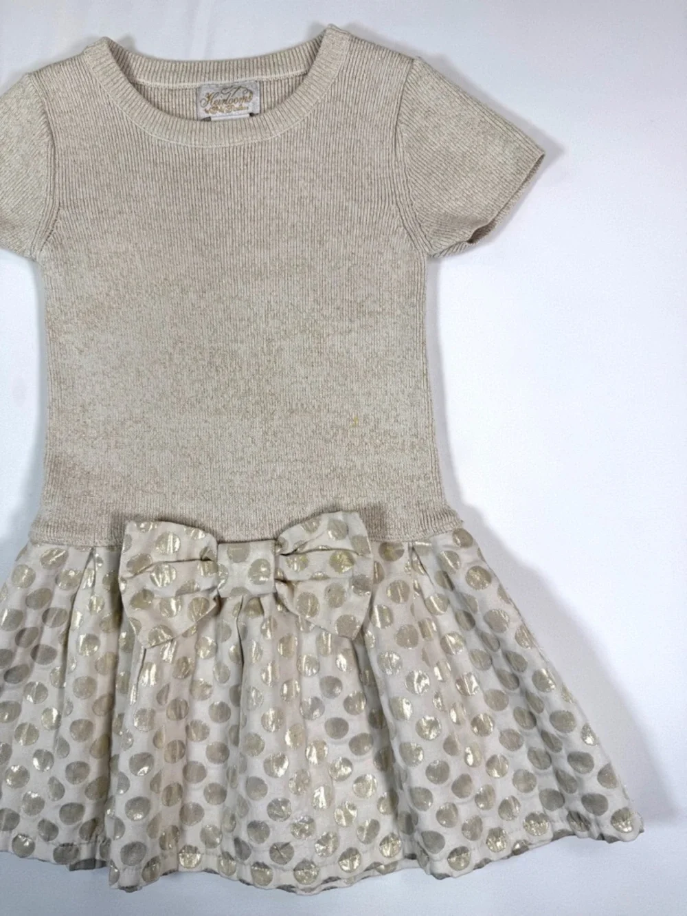 HEIRLOOMS By Polly Flinders Girls Dress Size 5/6 Medium Gold Polka Dot Bow‎ Knit